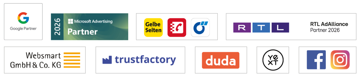 Logos von den Partnern: Google Partner, Yext, agendize, mozaik und ChatWerk.