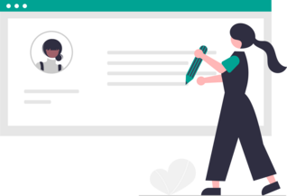 Illustration von einer Website auf der ein Profil zusehen ist. Daneben steht eine Frau mit einem Stift.