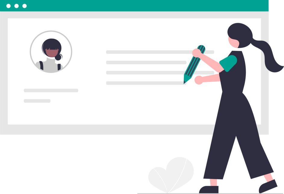 Illustration von einer Website auf der ein Profil zusehen ist. Daneben steht eine Frau mit einem Stift.