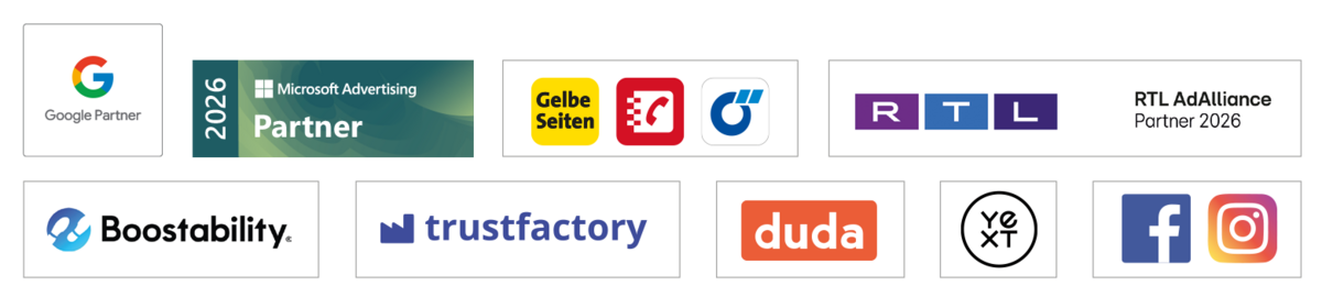 Logos von den Partnern: Google Partner, Yext, agendize, mozaik und ChatWerk.