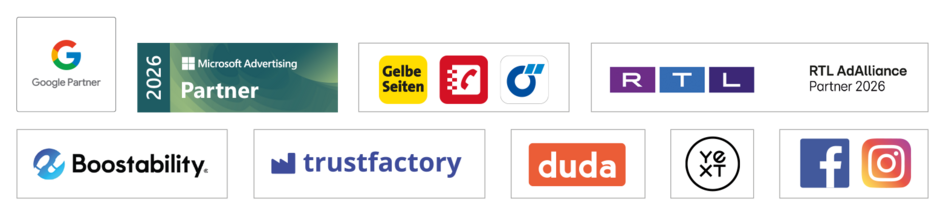 Logos von den Partnern: Google Partner, Yext, agendize, mozaik und ChatWerk.