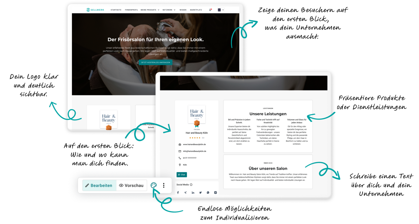 Website für Unternehmen, mit Logo, Öffnungszeiten, Standort, Fotos, Video.