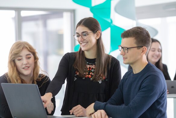 Sellwerk mitarbeiterin zeigt dem Kunden eine neue Firmenwebsite und lächelt dabei.