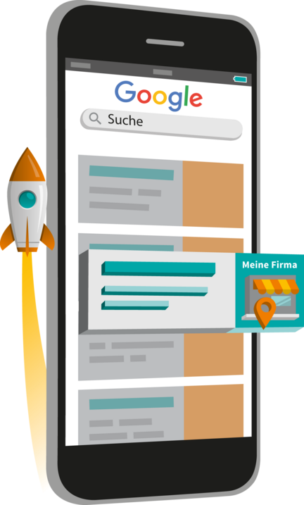 Eine grafische Darstellung von SEO auf einem Smartphone. Man sieht wie sich das Google Ranking verbesert.