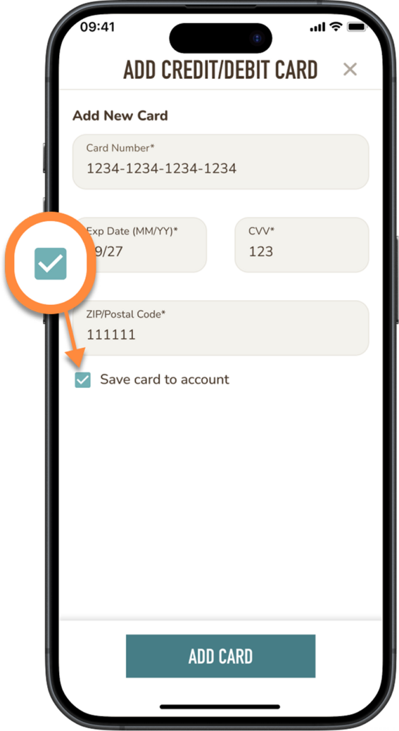 Select the checkbox to securely save your card for faster checkout next time.
