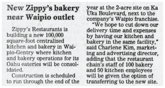 Newspaper clipping: New Zippy's bakery near Waipio outlet