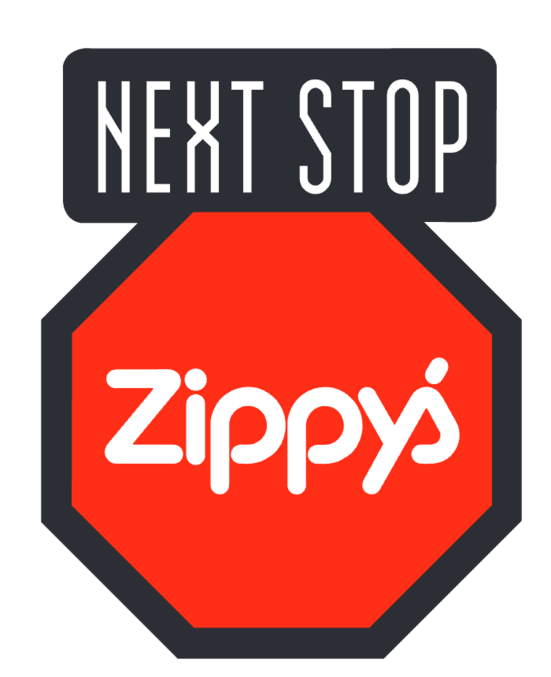 The Next Stop, Zippy's! campaign logo on a red stop sign