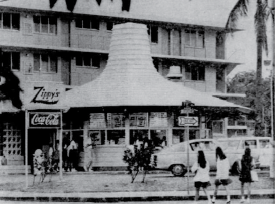Zippy's Kaimuki drive-in with its peaked roof, Honolulu Star-Bulletin, 1970