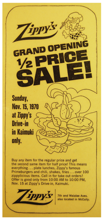 Zippy's grand opening half price sale ad, Kaimuki, November 15, 1970