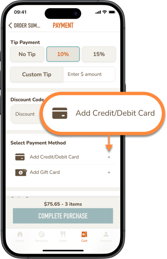 Enter your card details when placing an order and choose to save it to your account.
