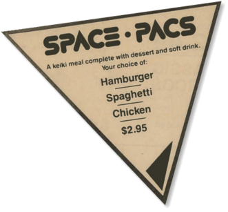 Space Pacs ad: a keiki meal with dessert and soft drink, hamburger, spaghetti or chicken, $2.95