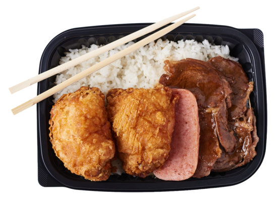 A Zippy's plate lunch with fried chicken, Spam, teri beef and rice