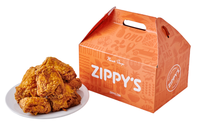 A Zippy’s fried chicken takeout box in the 2019 branding