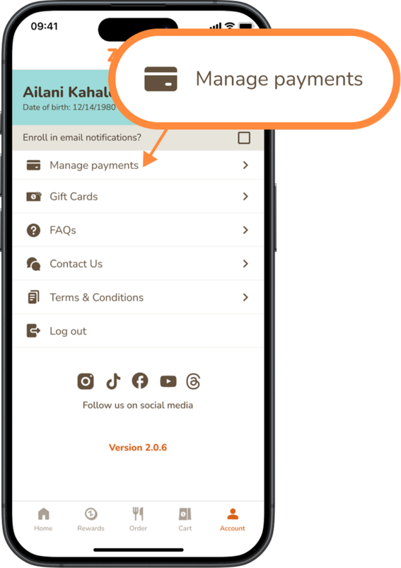 Go to Account and select Payment Methods to see all your saved credit cards