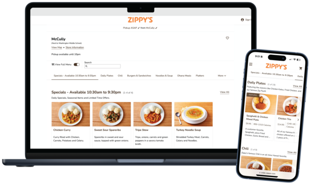 Zippy’s online ordering site on a laptop and the Zippy’s app on a phone
