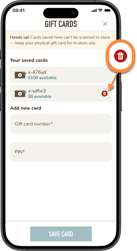 Gift cards can be removed after the balance reaches $0