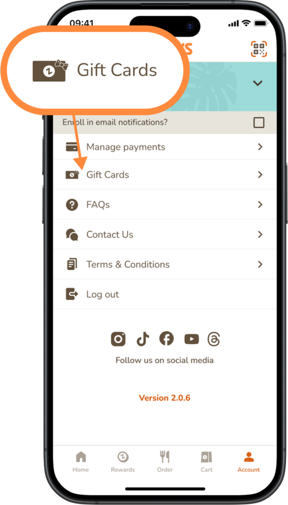 Go to Account and select Payment Methods to see all gift cards linked to your account