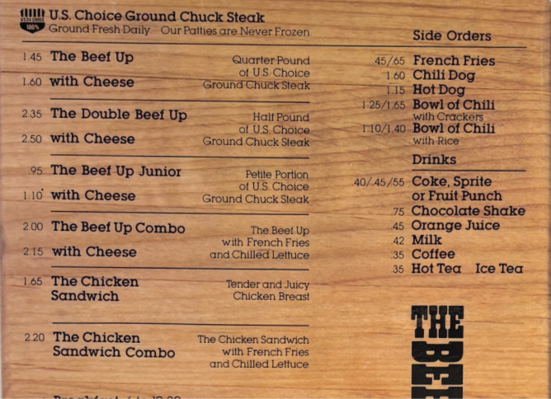 The Beef Up menu board of U.S. Choice ground chuck steak burgers