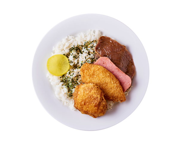 The Zip Pac plate lunch with fried chicken, hot dog, teri beef and rice