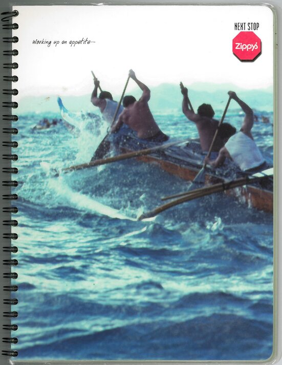 The Zippy's menu cover from the 1990s, with an outrigger canoe crew