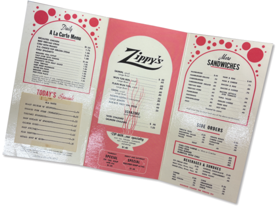 Zippy's A La Carte menu with Zip Min for $1.40