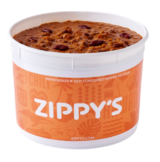 A barrel of Zippy’s chili and a plate of fried chicken