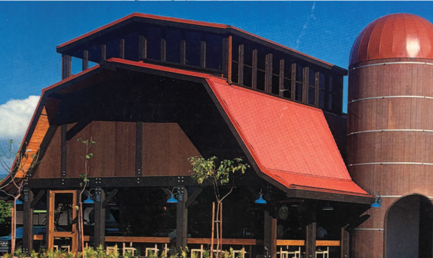The Beef Up restaurant, a barn with a red roof and a silo