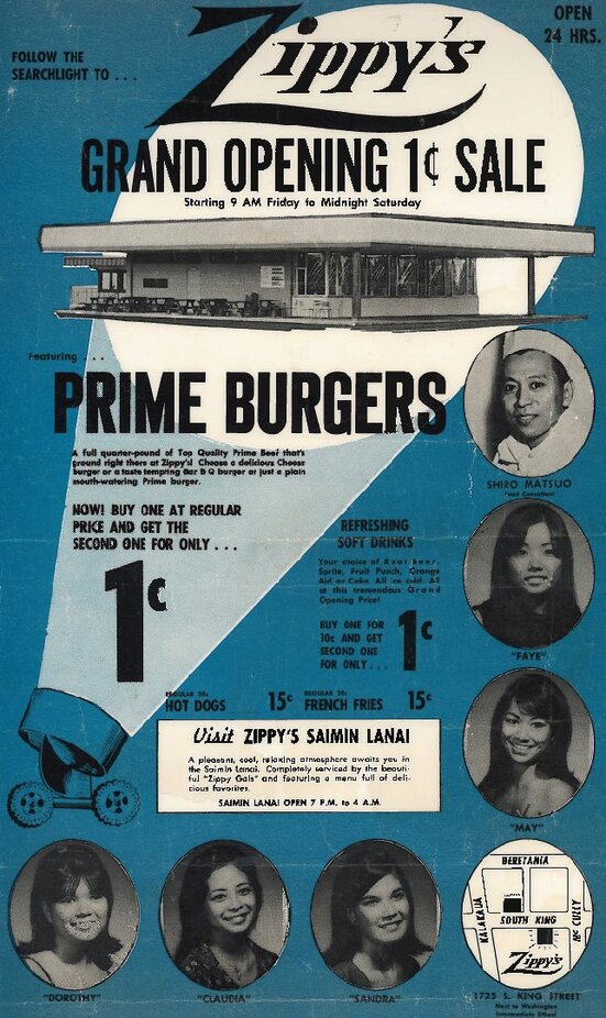 Zippy's grand opening 1-cent sale flyer for prime burgers, 1966