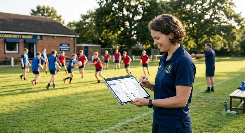 Coach taking a register on a tablet while a youth rugby team trains behind her.