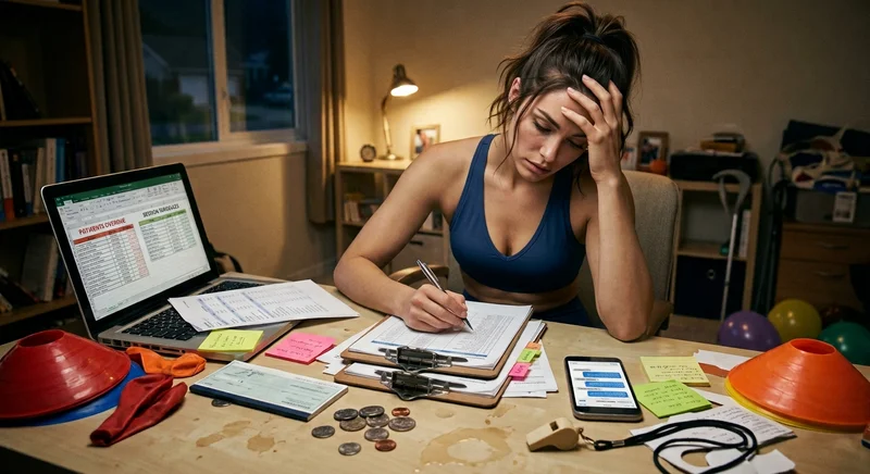A laptop surrounded by paperwork on a cluttered office desk, representing admin overload.