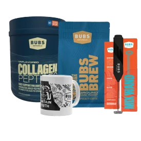 Bundle of Two BUBS Naturals 10 oz collagen bags, a BUBS Brew origin coffee bag, and a BUBS Naturals Mix Wand and coffee mug