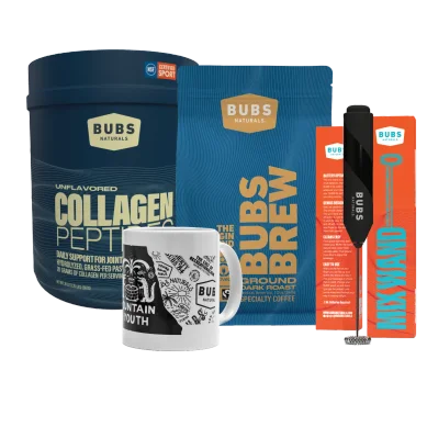 Bundle of Two BUBS Naturals 10 oz collagen bags, a BUBS Brew origin coffee bag, and a BUBS Naturals Mix Wand and coffee mug