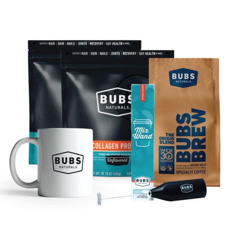 Bundle of Two BUBS Naturals 10 oz collagen bags, a BUBS Brew origin coffee bag, and a BUBS Naturals Mix Wand and coffee mug