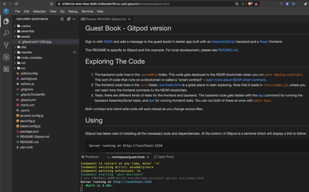 Gitpod IDE showing code for the Guest Book example