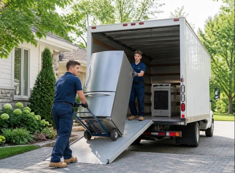 Two movers loading a refrigerator into a truck