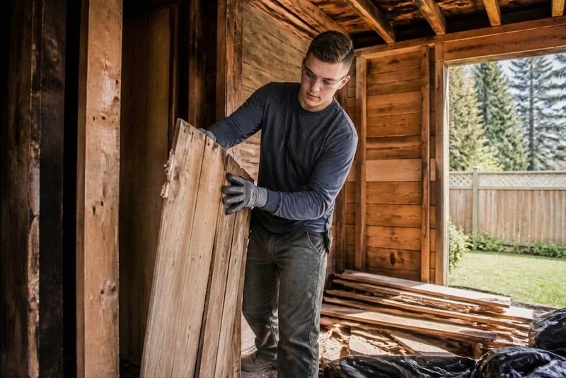 Person dismantling a wooden shed