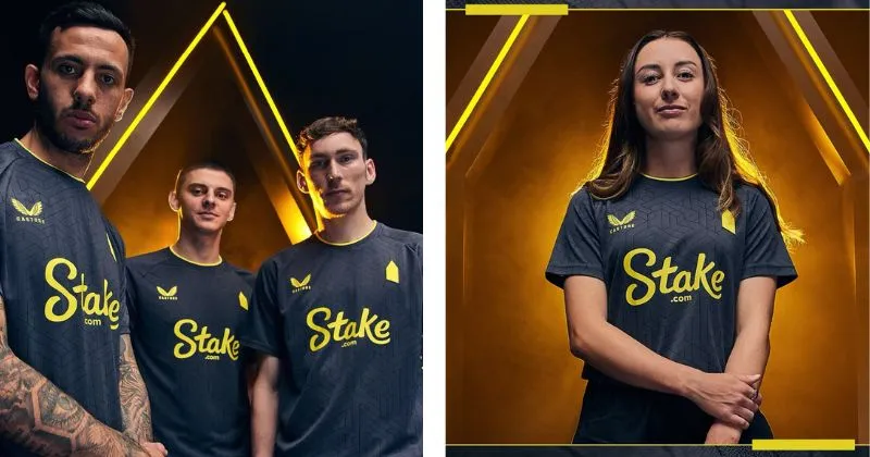 Everton away kit, in black with yellow detailing and tower badge 