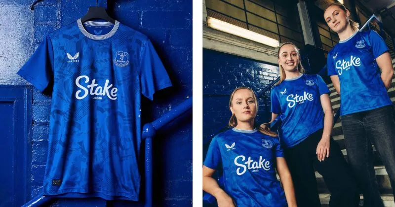 Everton home kit, with blue base, lighter blue pattern, and white detailing