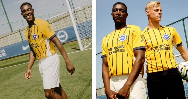 Brighton away shirt in yellow with black pinstripe design