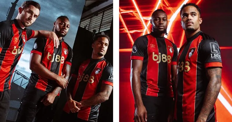 Bournemouth home kit, featuring black and red stripes with gold detailing