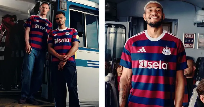 Newcastle away kit, with blue and maroon retro striped design