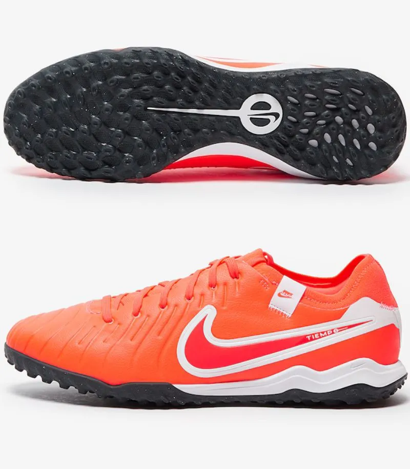 nike tiempo legend 10 elite football boots in orange and white, with astro turf sole 