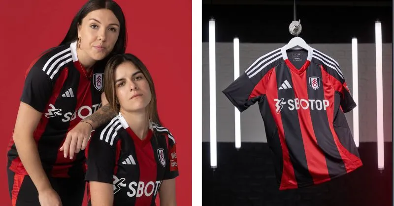 Fulham away shirt, featuring red and black stripes with white detailing