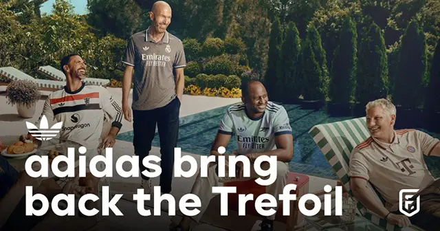 Zidane, Vieira, Ferdinand, Del Piero, and Schweinsteiger around a swimming pool for an adidas photoshoot