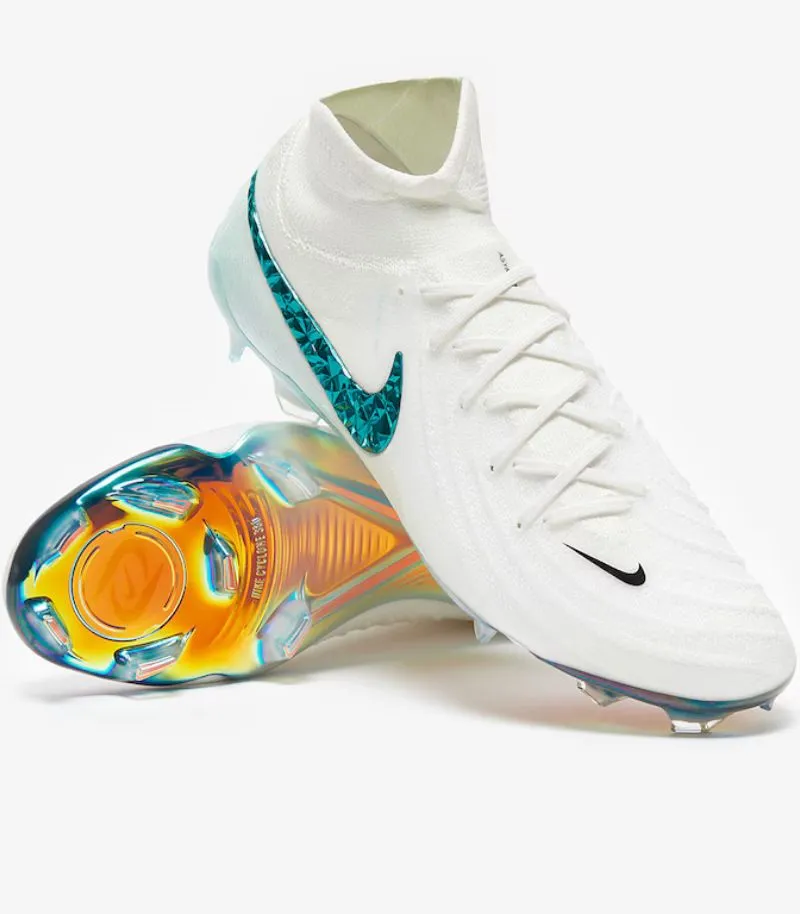 nike phantom luna boots in white with blue and orange details