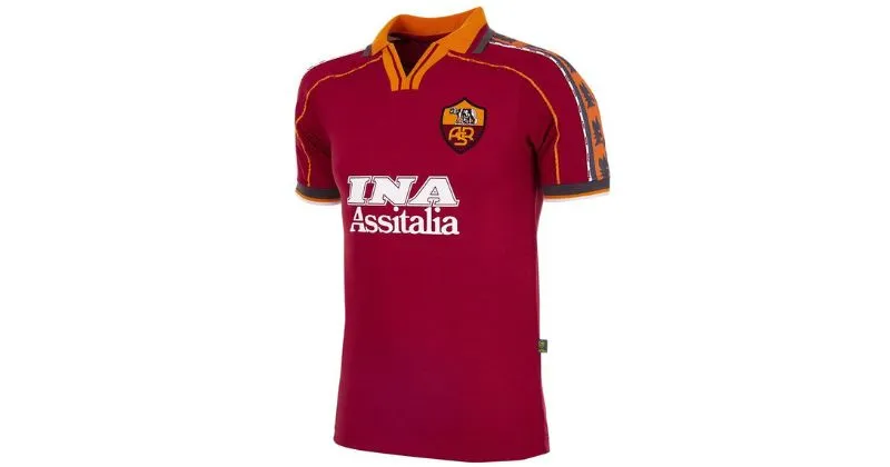 roma 1998-99 home shirt in maroon with orange collar and sleeve detail