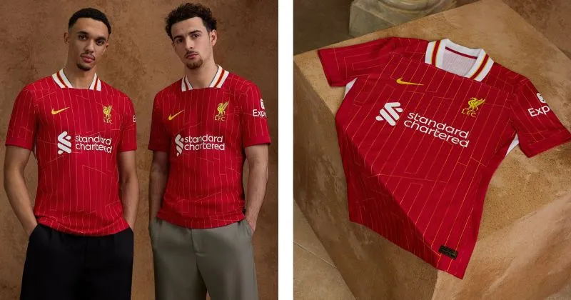 Liverpool home shirt, red base with white collar and yellow pinstripe design