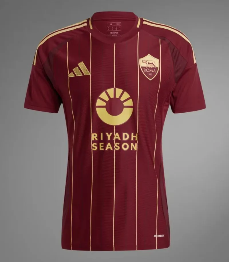 as roma home shirt in maroon red with gold pinstripes