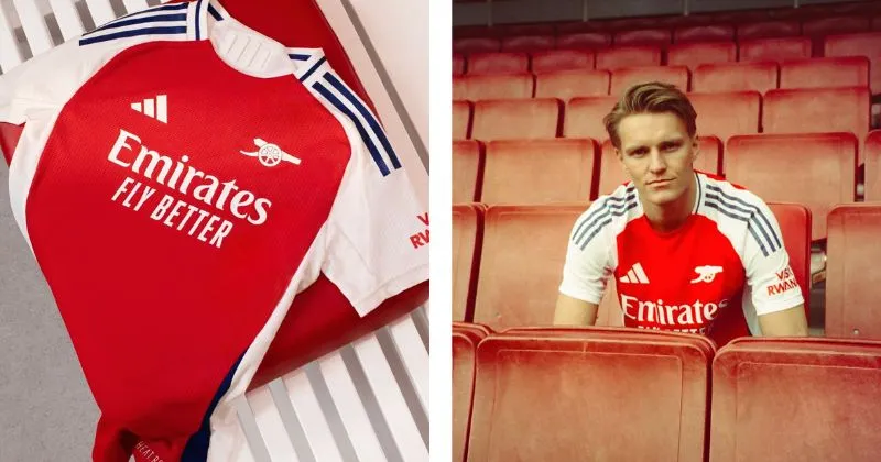 Arsenal home shirt in red and white, with blue stripe detailing