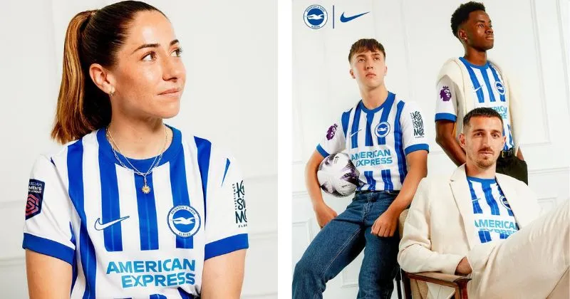 Brighton home shirt, with blue and white stripes and blue collar